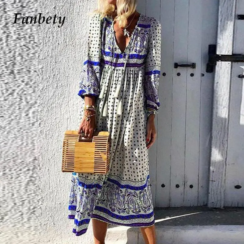 Casual Kleider Fanbety Frauen Sexy Tiefem V-ausschnitt Boho Kleid Herbst Vintage Langarm Blumendruck Weibliche Elegante Quaste Maxi