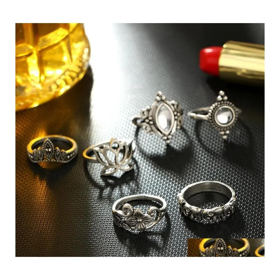 Band Rings Pretty Wedding Sets 5Pcs/Set Set Classic Shape Pattern Crystal Pendant Beautif Charm Jewelry Drop Delivery Dh0Gb