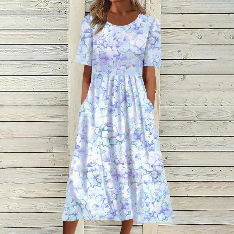 Casual Dresses Cocktail Chiffon Dress Women Loose Bohemian Floral With Pockets Short Sleeve Mother Of Bride Jacket