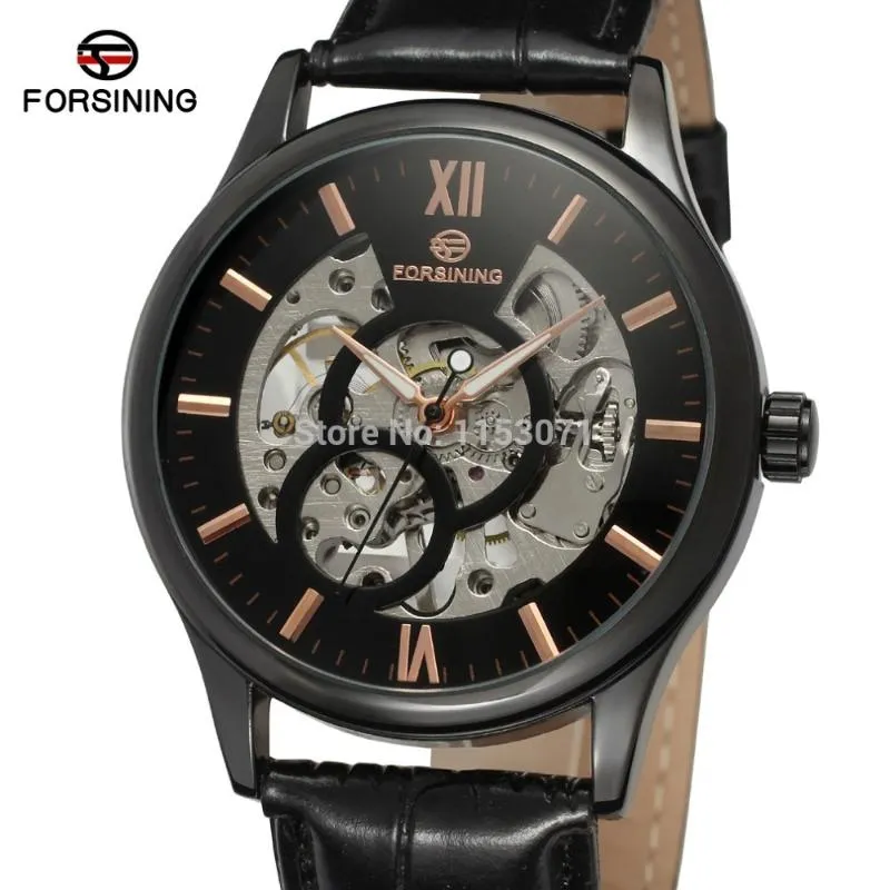 Wristwatches Mechanical Watch FSG8094M3B3 Fashion With Black Dial Gold Color Bars Numbers Genuine Leather Strap