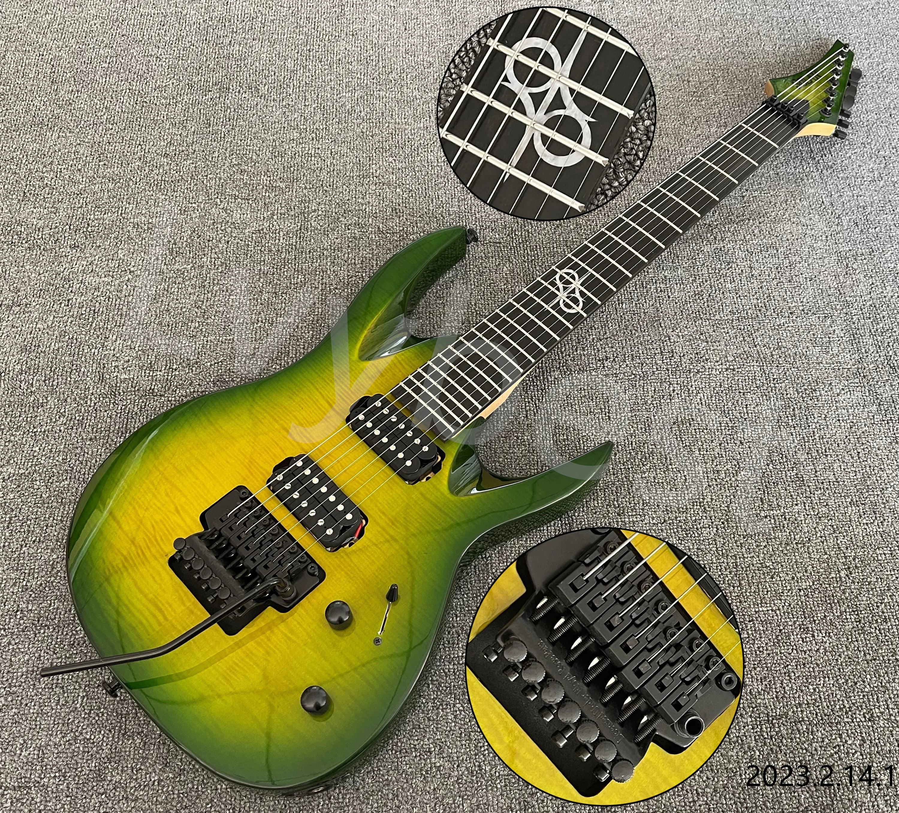 Lvybest 7 Strings Electry Guitar Floyd Rose Style Tremolo Flame Top Yeşil Patlama Siyah Açık Kutup Kamışları Ebony Klavye Ücretsiz
