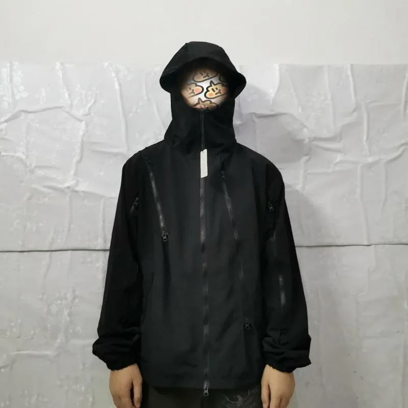 Herrjackor Techwear Men's Löstagbara huva Svart vattentät funktionell stormsuitjacka tejpade sömmar Hip Hop Punk Fashion Darkwear