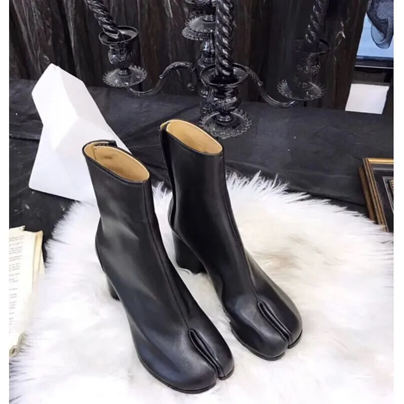 Boots Brand Design Tabi Boots Split Toe Chunky High Heel Women Boots кожа Zapatos Mujer Fashion осенняя женская обувь Botas Mujer 230214