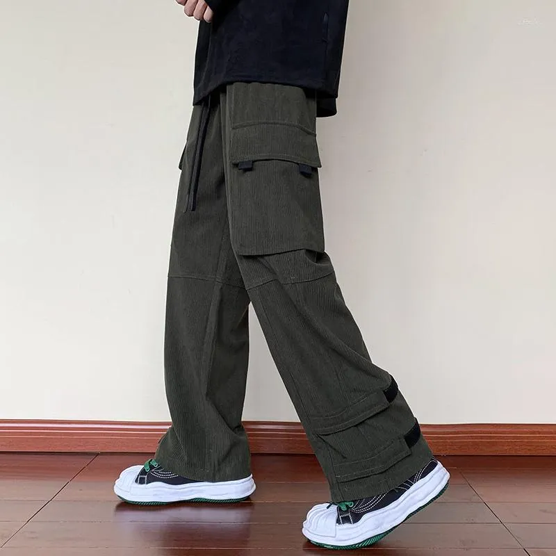 Herrbyxor Autumn Winter Men's Parachute Cargo Militär taktisk corduroy Long Trousers Fashion Wide Leg Ankle Strap Vintage Bottoms