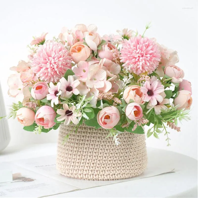 Decorative Flowers Pink Silk Artificial Bouquet Multicolor Hybrid Flower Head And Bud Fake For Home Wedding Decoration Indoor