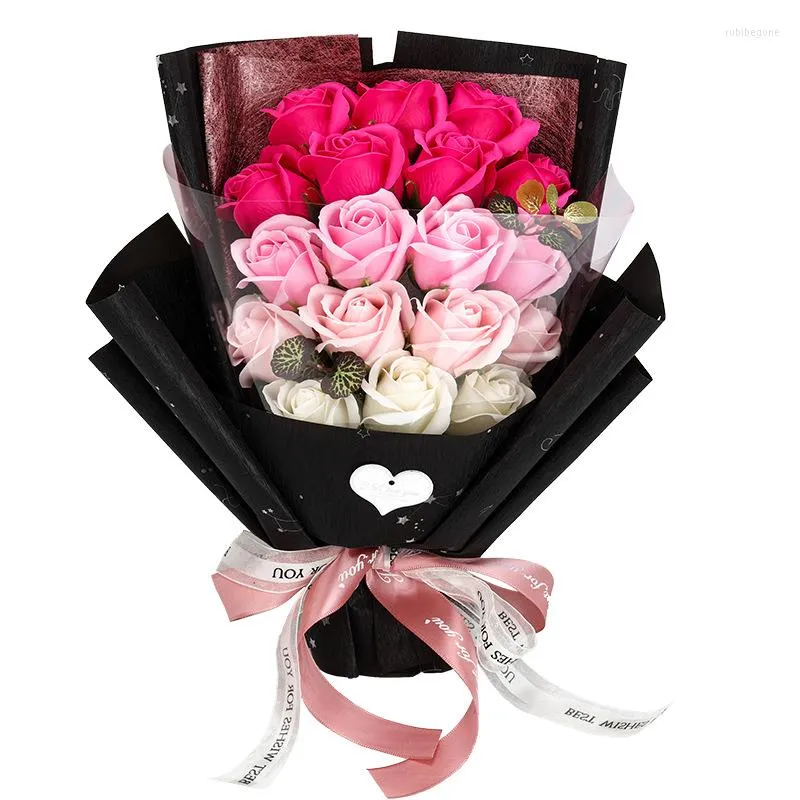 장식용 꽃 손으로 만든 인공 18 머리 장미 꽃다발 선물 상자 홈 장식 창조 발렌타인 생일 파티 졸업 선물