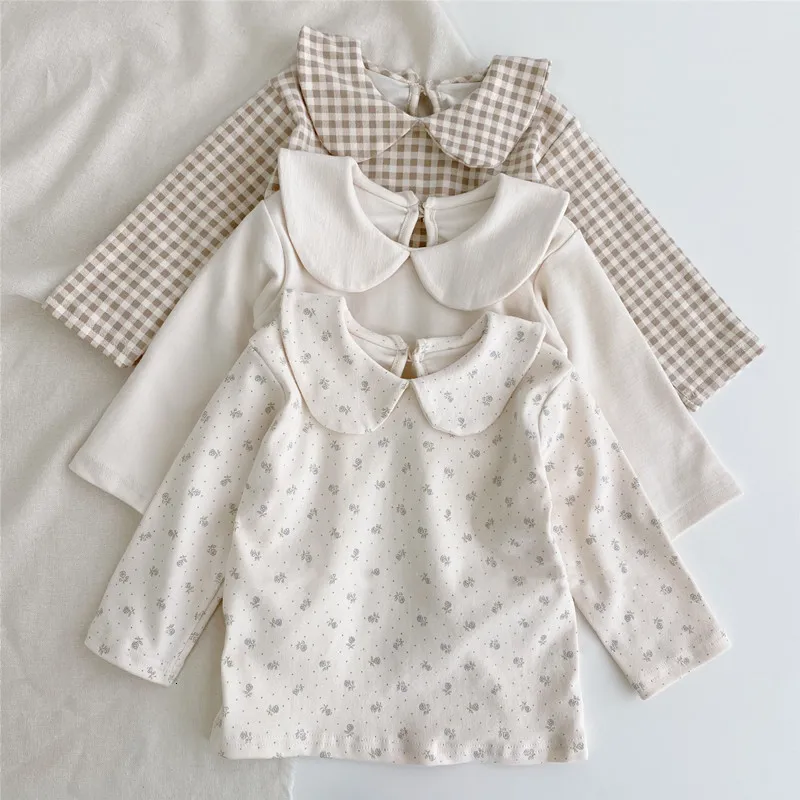 T-shirts Fille Doux Col Claudine Mode Plaid Manches Longues Tops Rétro Floral Doux Bébé Bas Chemise Coton Solide Vêtements 230214