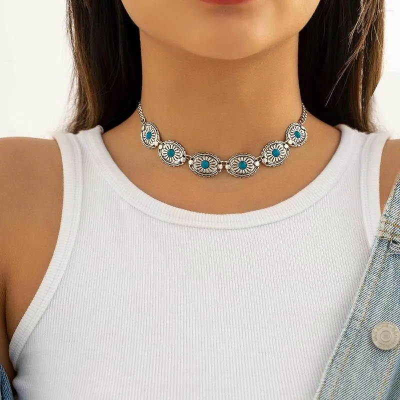 Choker zilveren kleur gesneden bloem blauwe stenen kralen statement hanger ketting vintage eenvoudige link keten sieraden