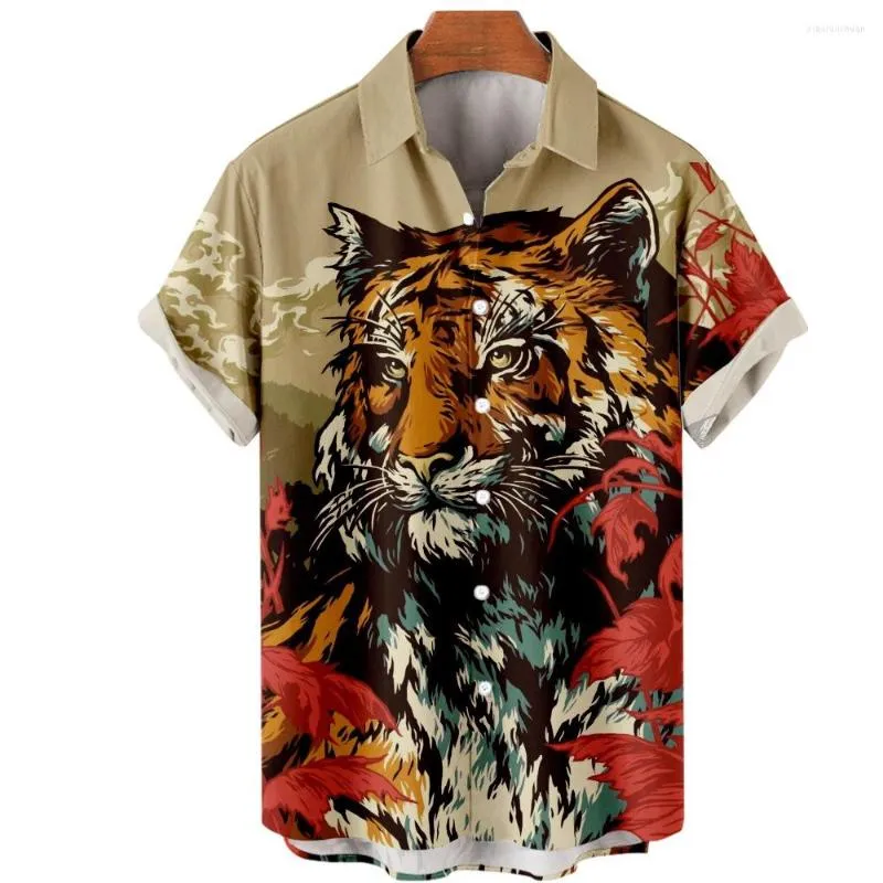 Camisas casuais masculinas Botão de manga curta Camisa de férias de praia solta Moda de verão masculino tigre impressão de tigre