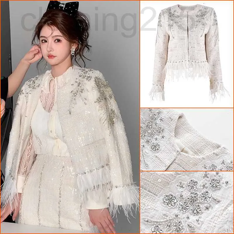 Kvinnors ull blandar designer h￶st fransk stil k￤ndis kostym tungt arbete fj￤der tweed coat kvinnokjol tv￥del K9002 HTLH