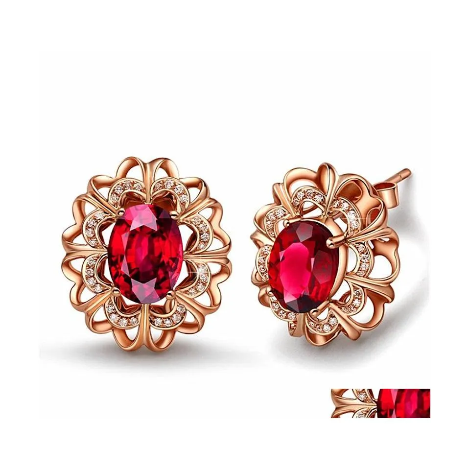 Stud Luxury Ruby Küpe Kadınlar için 18K Güllü Altın Kırmızı Doğum Taşı Kulak Takı Düğün Taş Küpe Damla Teslimat DHM4G