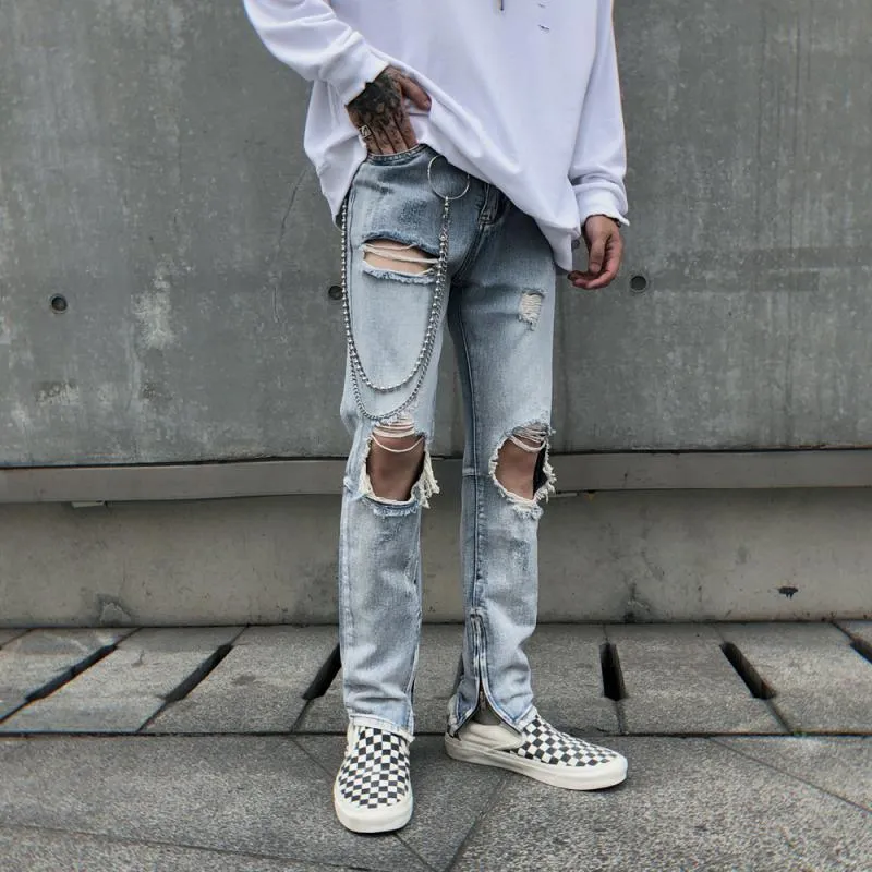 Men's Jeans High Street Autumn Ripped Washed Retro Light Color Zipper Trousers Oversized Bell Bottom JeansMen's