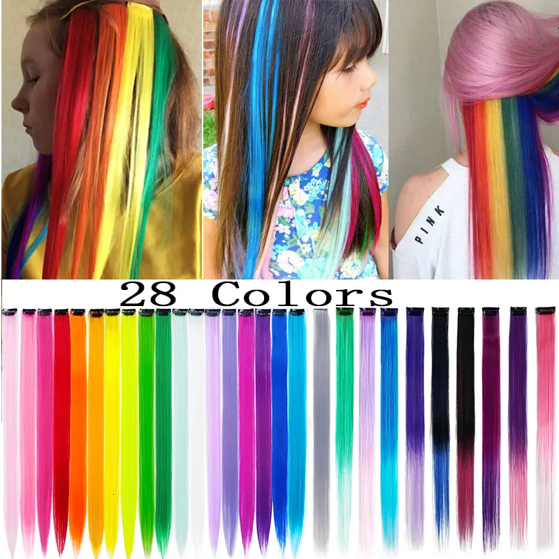 Synthétique s 28 Couleurs 56PCS Arc-En-Clips Dans Les Cheveux Raides Colorés s 22 "pièces Faits Saillants Pour Les Enfants 230214