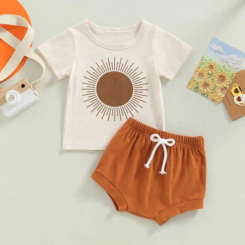 Set sommar spädbarn baby pojkar outfit söt set hylsa sol tryck thirt elastiska midjeshorts barn två bitar kläder