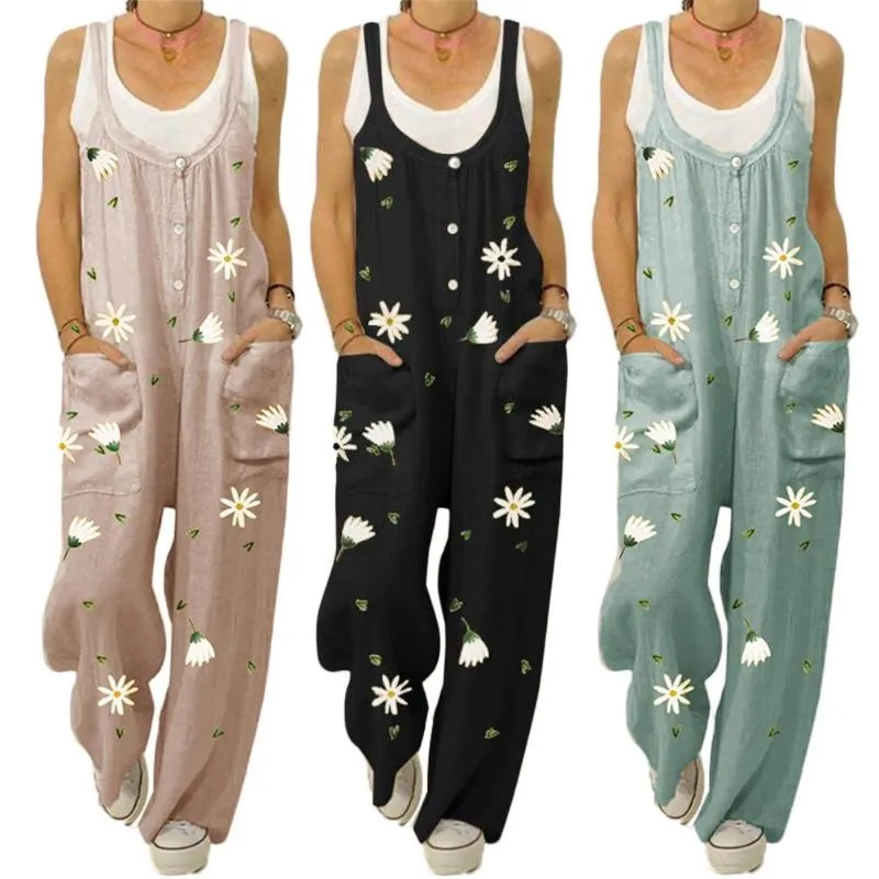 Jumpsuits voor dames rompers dames stijlvolle knoppen-meleless marguerite print zakken jumpsuit slabbib algehele strappy dungarees vintage katoen