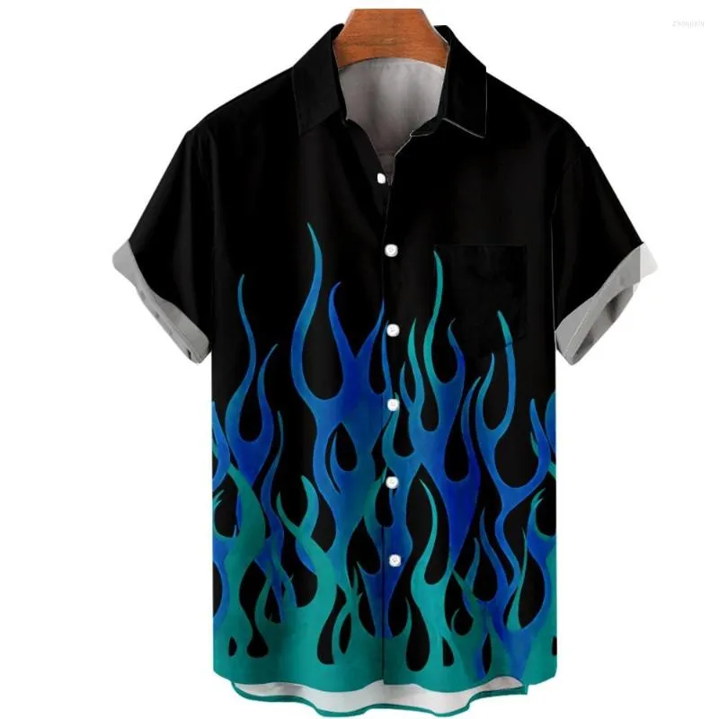 Freizeithemden für Herren, lockeres Kurzarmhemd, Knopfleiste, Bluse, hawaiianische Herrenmode, Flammendruck, Kleidung