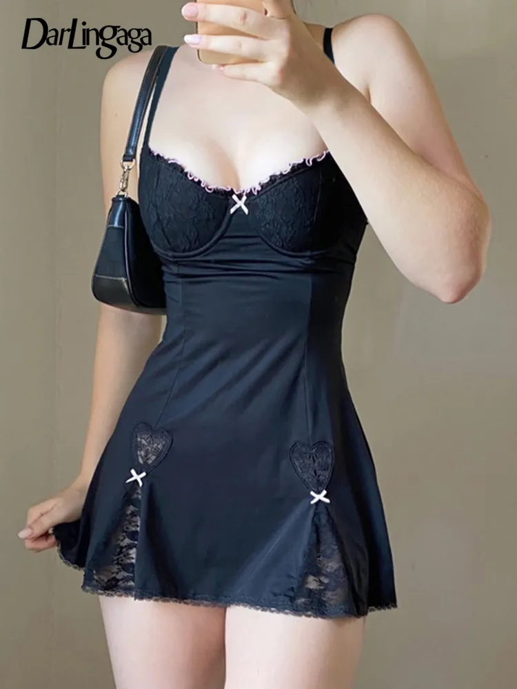 Повседневные платья Darling y2k ретро кружевные лоскутные камеры лук черное платье мини -модное эстетическое клубное клуб сексуально для женщин наряды 230214