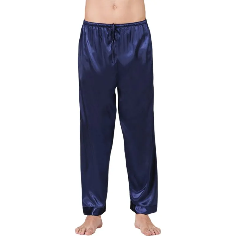 Vêtements de nuit pour hommes automne hommes pyjama pantalon imitation soie couleur pure taille élastique pantalon décontracté lâche mince maison RTYU1MEN's