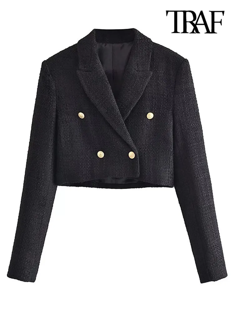 Damespakken blazers traf dames mode tweed bijgesneden blazer jas vintage lange mouw front knoppen vrouwelijke bovenkleding chic veste femme 230214