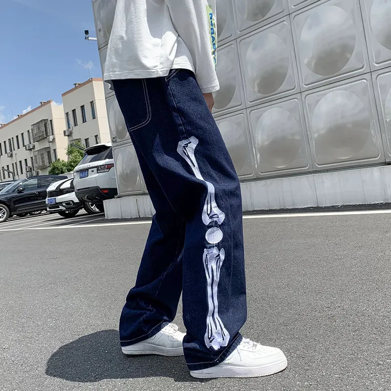 Heren jeans jeans mannen skelet baggy casual Jean broek heren Japan stijl streetwear wide been denim broek mannelijke vintage blauwe denim broek 230214