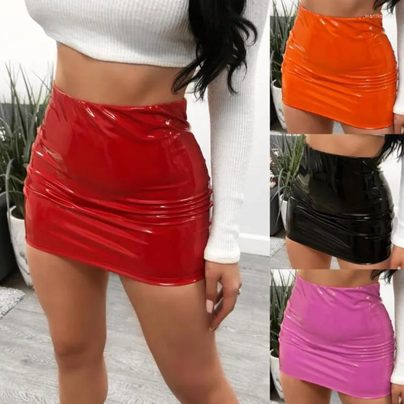 Skirts Women Sexy Skirt Bright Shiny Pu Leather Bodycon Slim Micro Mini Evening Party Clubwear Stretch Tight Pencil