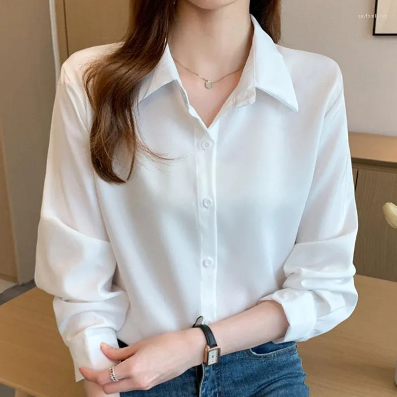 Camicette da donna Fashion Clthing Female 2023 Camicie basic bianche a maniche lunghe Top da donna e chiffon Bottoni neri Solid Office Wear 1601