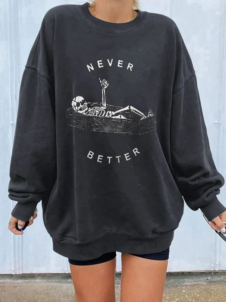 Felpe con cappuccio da donna Felpe Never Better Funny Skull Print Felpe con cappuccio da donna Pullover con spalle scoperte Felpa vintage Casual allentato Harajuku Fun Top 230214