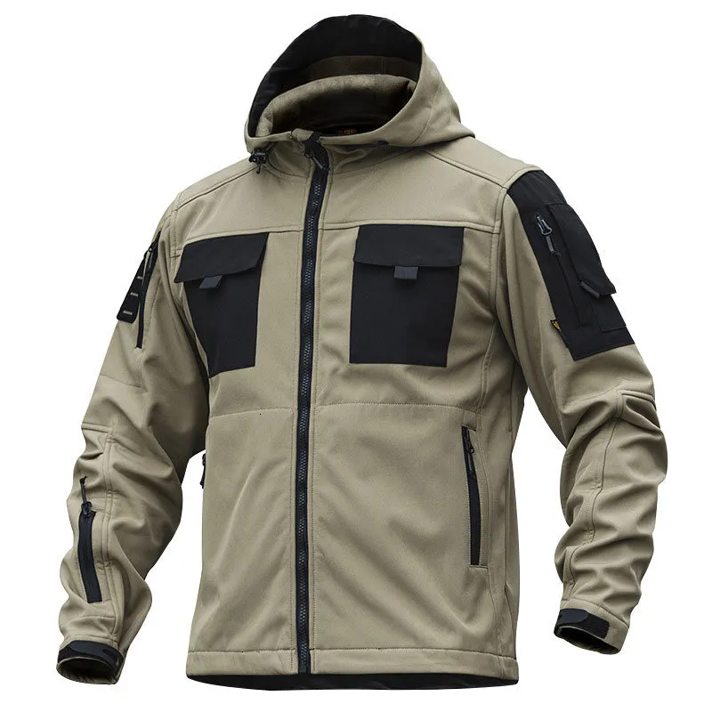 Giacche da uomo Giacca softshell tattica Mege per uomo Mimetica militare Outdoor Multi tasche Cappuccio Giacca a vento Autunno caldo Giacca invernale nera 230214