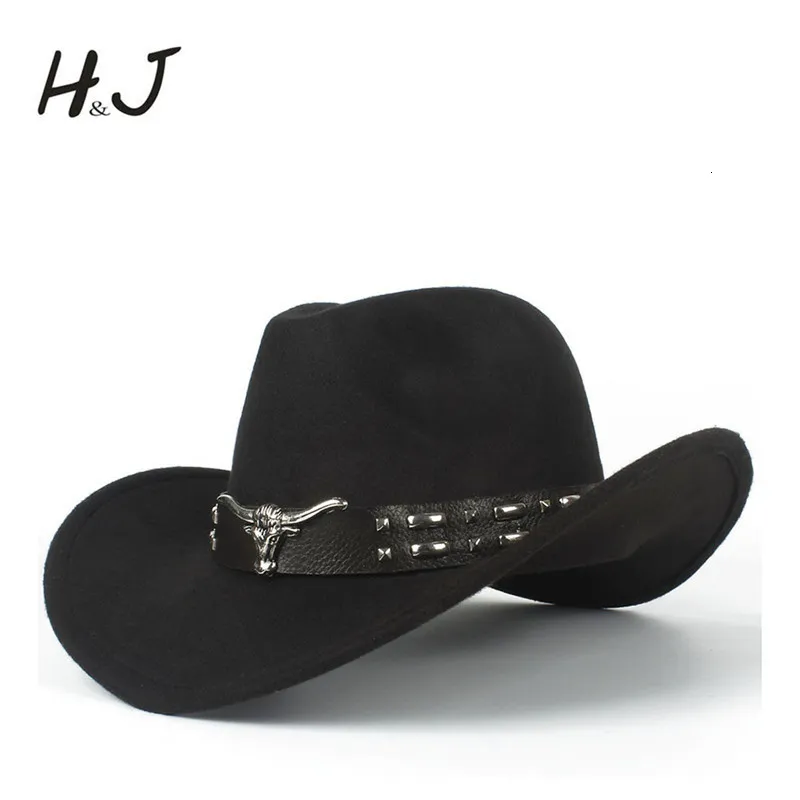 Breda randen hattar hink 2 storlek kvinnor män ihålig västerländsk cowboy hatt med tauren bälte vinter höst jazz outback toca sombrero cap 5658 cm 230214