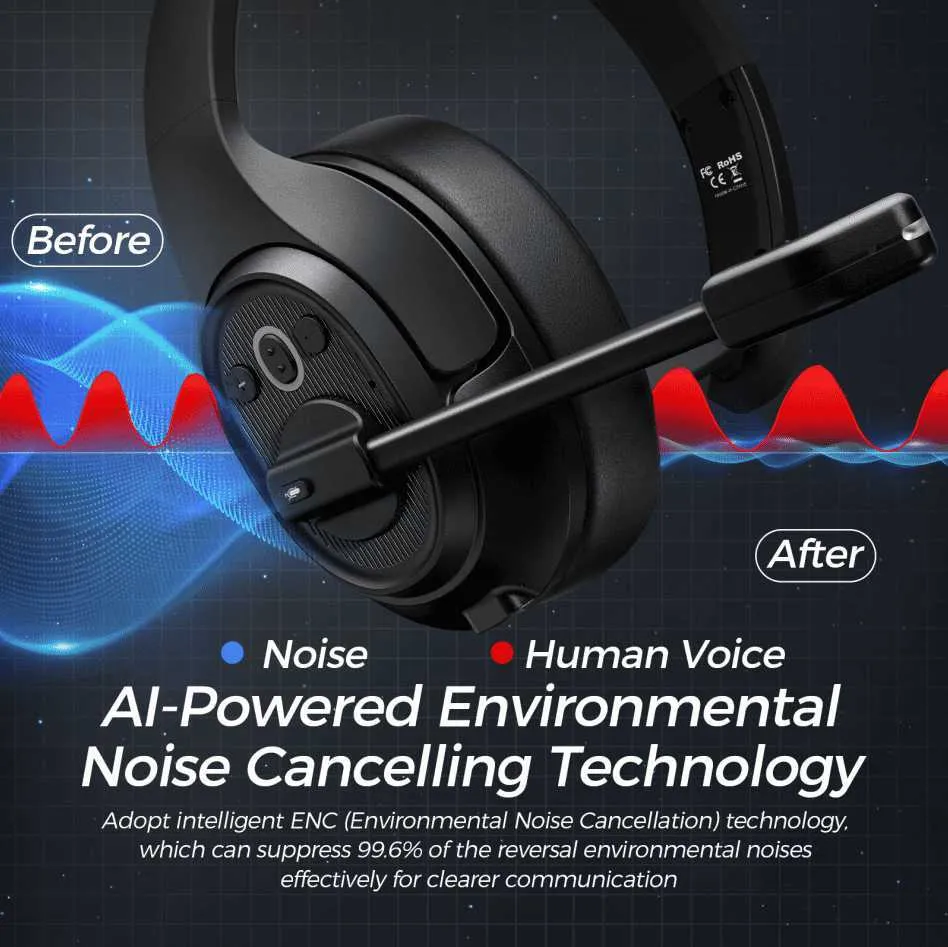  EKSA Auriculares Bluetooth con micrófono y dongle USB, 30 horas  de tiempo de conversación y rango de 33 pies, micrófono con cancelación de  ruido ambiental AI, auriculares inalámbricos sobre la oreja