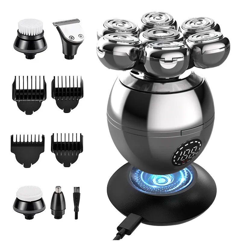 Rasoi elettrici Uomini Calvi Rasoio Elettrico per Uomo Multifunzione Wet/Dry 7D Rotary Shaver Kit per la Pulizia Display a LED Ricaricabile con Clipper Naso Trimmer