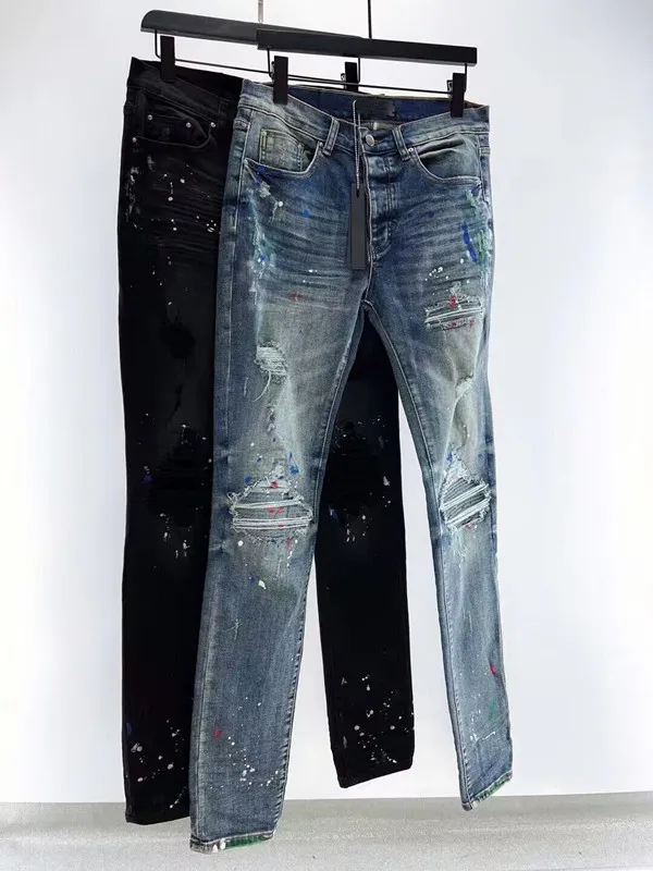 Designer Jean förstörde Herr Slim denim Straight Biker Skinny Jeans Casual Long Men Ripped Jeans Storlek 28-38 med hål