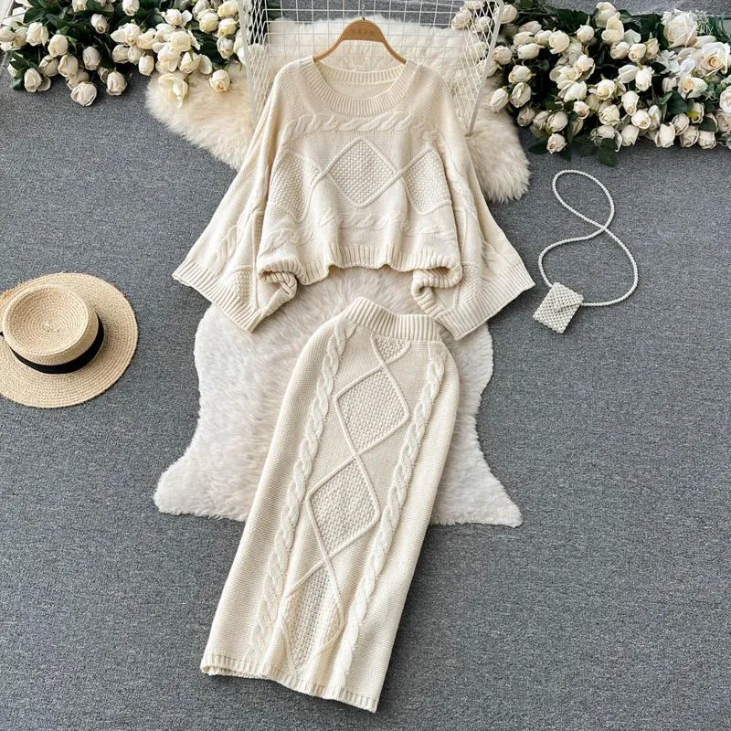 Work Dresses Autumn Winter Two Piece Set Suit Women Long Sleeve Jumpers Sweater Skirt Warm Knitted Outfit Top &Straight Sets