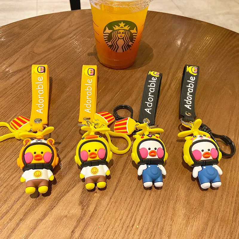 Key Rings Korean Lalafanfan Duck Keychain Charms with Helmet Yellow Duck Figure Ducks Doll Toys Cute Keychains for Kids Gift