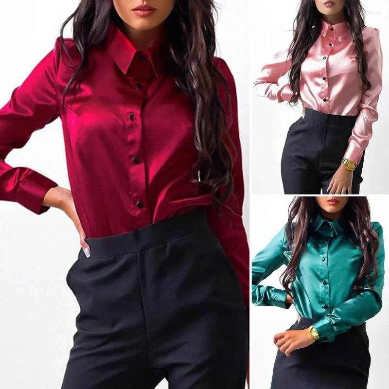 Blusas para mujer, camisa de primavera para mujer, estilo OL, Color sólido, holgada, de satén, de una sola botonadura, de manga larga, blusa vuelta hacia abajo, ropa