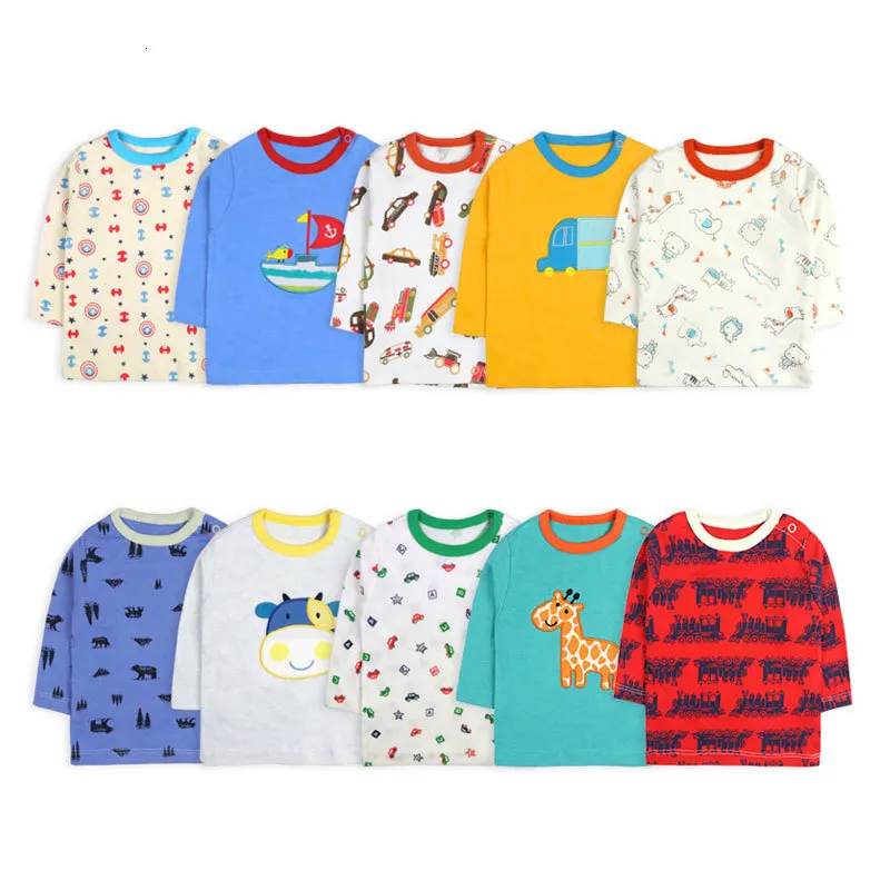 Tshirts 5 pcslotランダムなカラーバビー少年長いスリーブTシャツ漫画プリントベイビーTシャツOneck Infant Tops Cotton Born Clothes230214