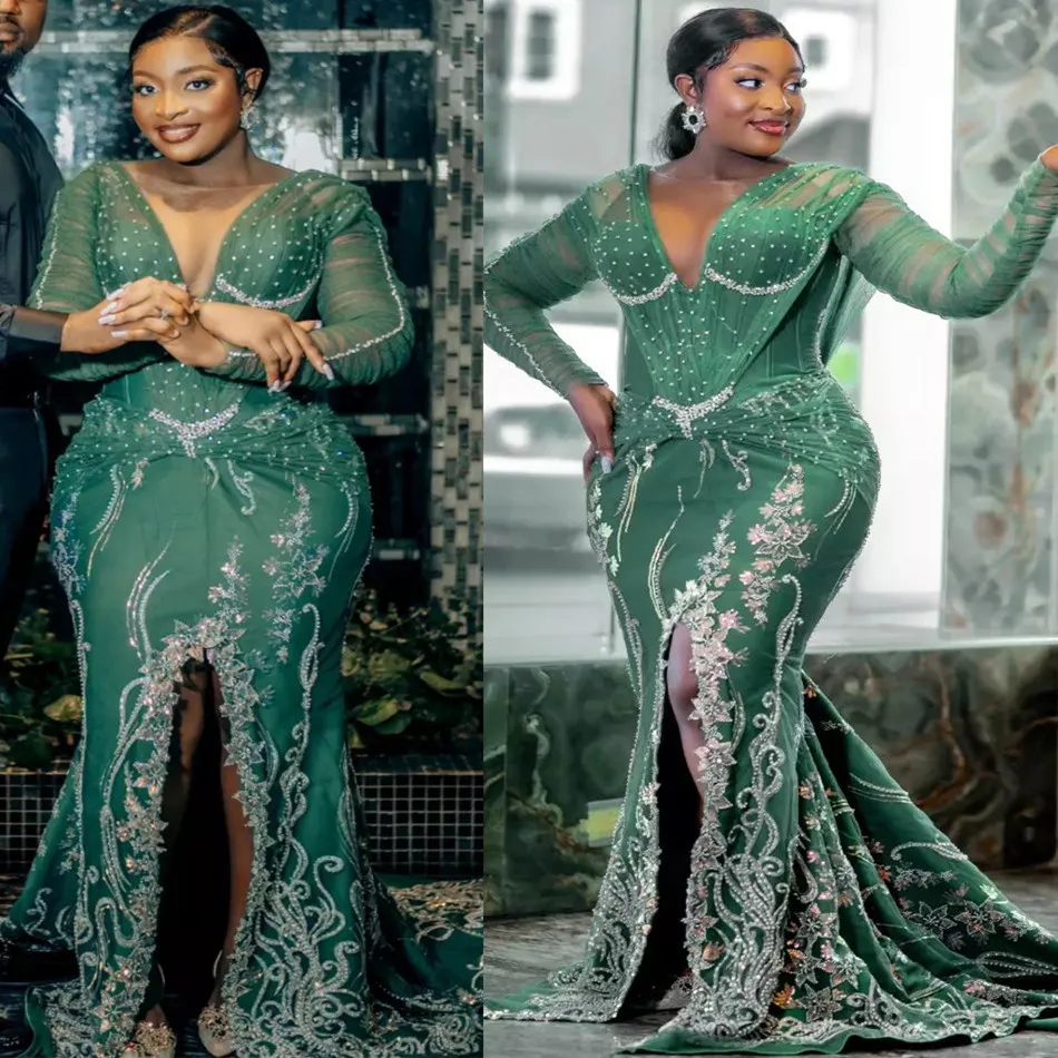 ASO 2023 العربية Ebi Hunter Green Prom Dresses Lace Hoded Mermaid Evening Party Second Sectept Orvice Orvidation Dression Zj566