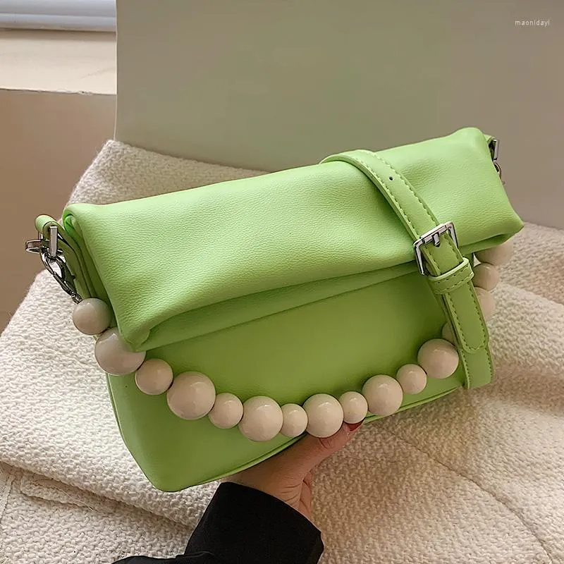 Evening Bags Vintage Women Bag Soft Leather Clutches Handbag Ladys Beads Chains Shoulder Solid Color Crossbody Fashion Satchels