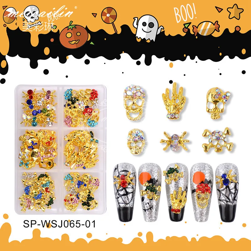 Dekoracje gwoździ 60pcs przerażające Halloween paznokcie złoto srebrna metalowa pająka czaszka ręka szkielet luksusowe klejnoty dhinestones na Halloween paznokcie 230214