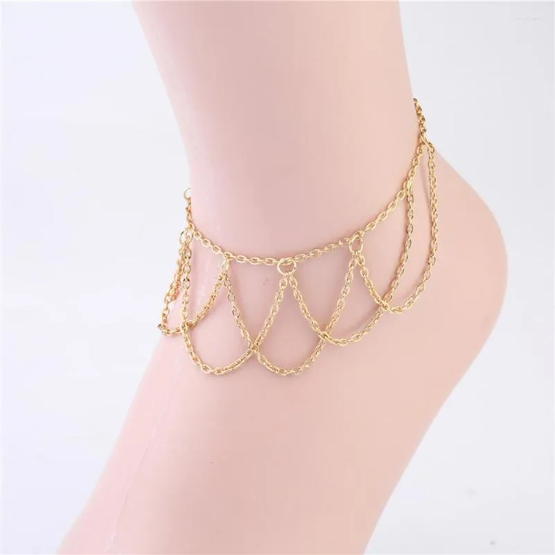 Anklets kvinnlig cool och uppfriskande flerskikt Golden Chain Tassel Wavy Ankle Attraktiv sexig Bare Foot Adorn Beach Partner