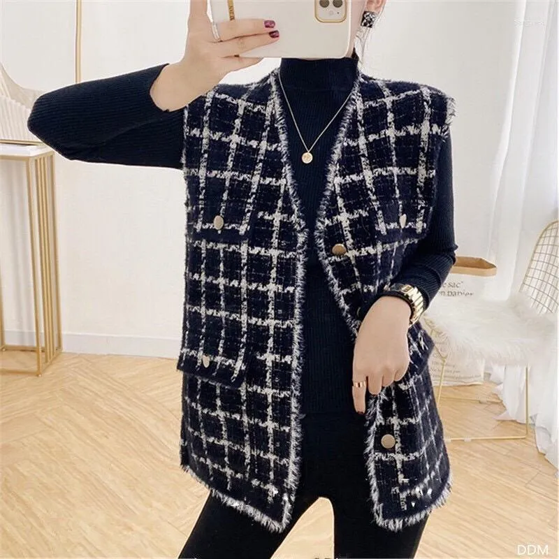 Kvinnors västar eleganta gillet femme väst jacka kvinnor kofta höst vinter 2023 lös houndstooth stickad streetwear v-hals överrock