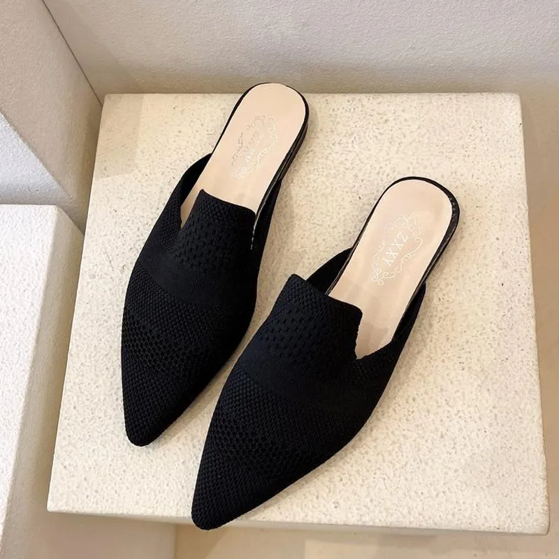 Slippers Elastic Fabric Mules Shoes Pointed Toe Stretch Knited Mesh Breathable Slides Flats Women Outdoor SlippersSlippers