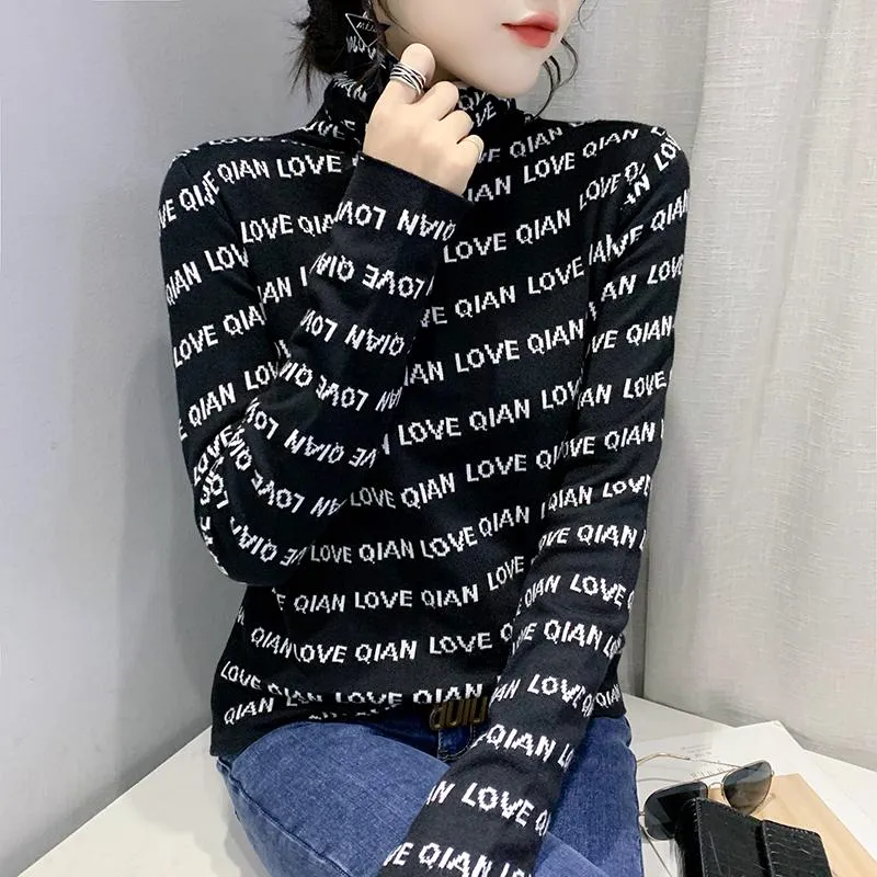 Kvinnors tröjor Autumn Winter 2023 Women Sweater Knitwear Letters Love Turtleneck Slim Long Sleeve Tops Pullover Jumper Clothes Casual