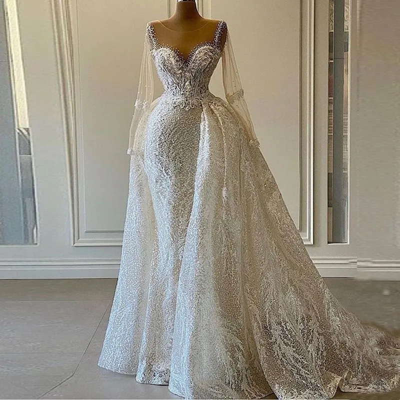 Abiti da festa scintillanti paillettes matrimonio africano 2023 sposa sirena di lusso perline maniche lunghe con strascico staccabile abiti da sposa 230213