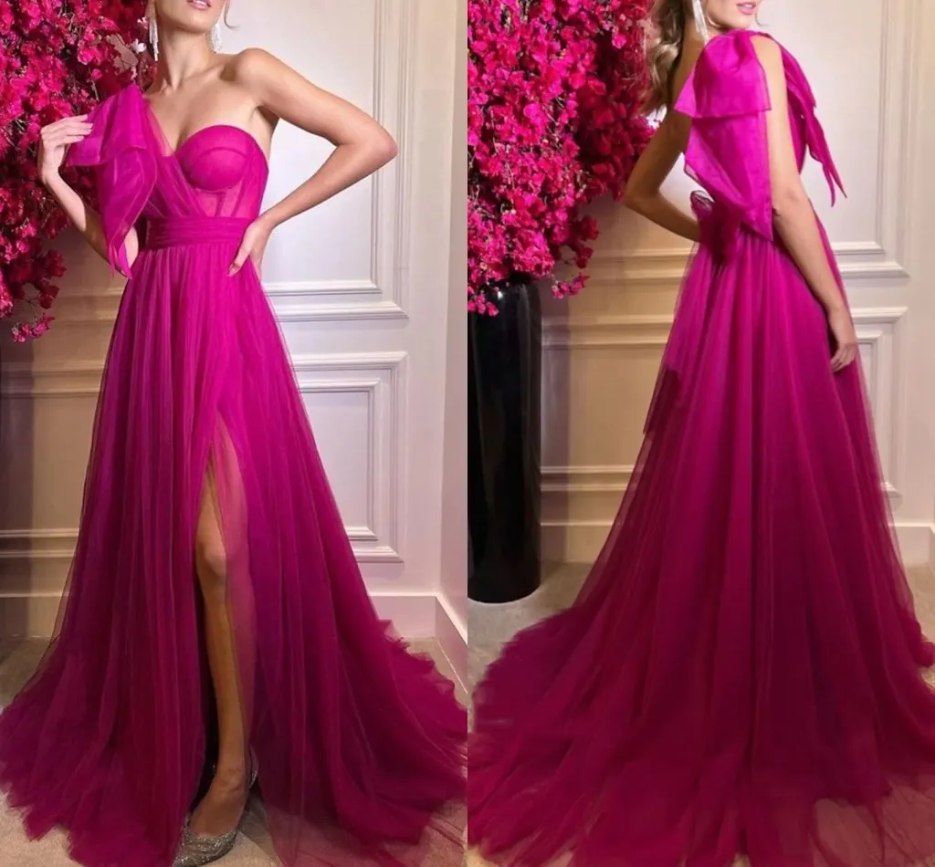 Sexy One Shoulder High Slit Evening Party Dress Side Slit Long Tulle Women Prom Formal Gown A-line Robe de Soiree 2023 Elegant