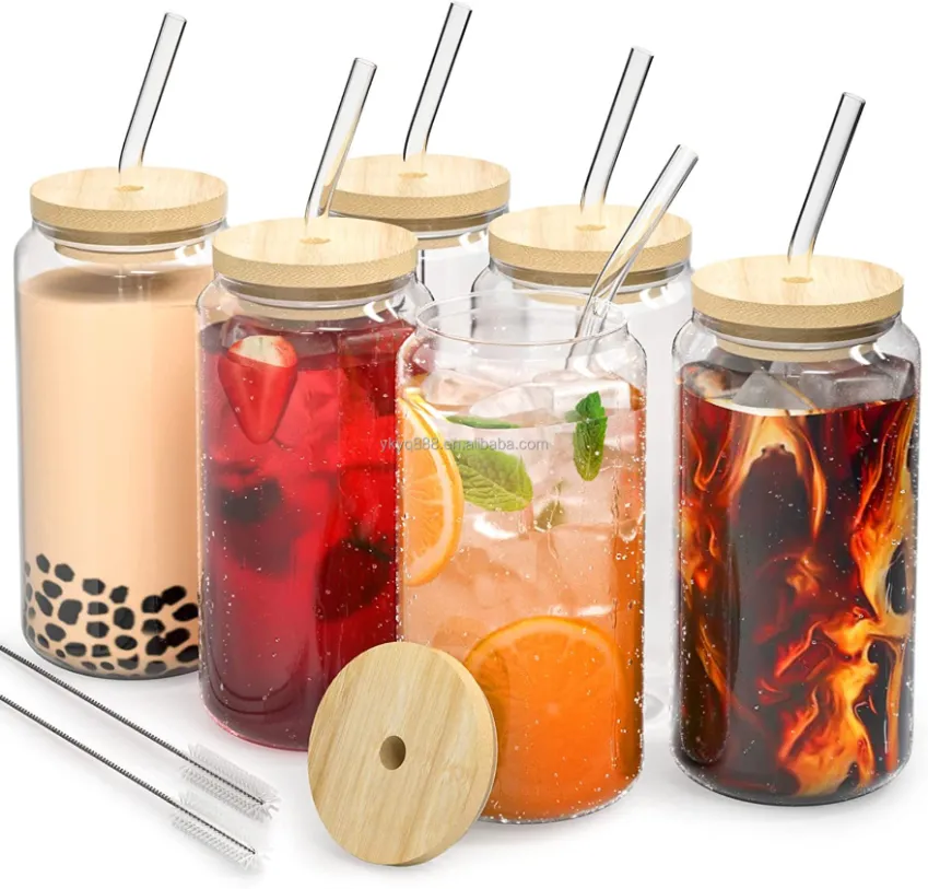 Entrega en 2 días STOCK de EE. UU. Tazas de vidrio de 16 oz Tazas de cerveza divertidas Vasos Tazas de café helado con tapa de bambú Juegos de pajitas para jugos Bebidas gaseosas Lavavajillas