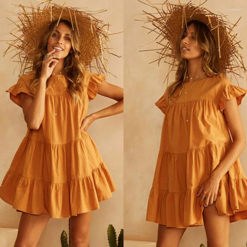 Günlük elbiseler yaz plaj mini fırlatma elbise kadınlar boho katı gevşek fırfırlı sundress sarma o yaka seksi parti kadın