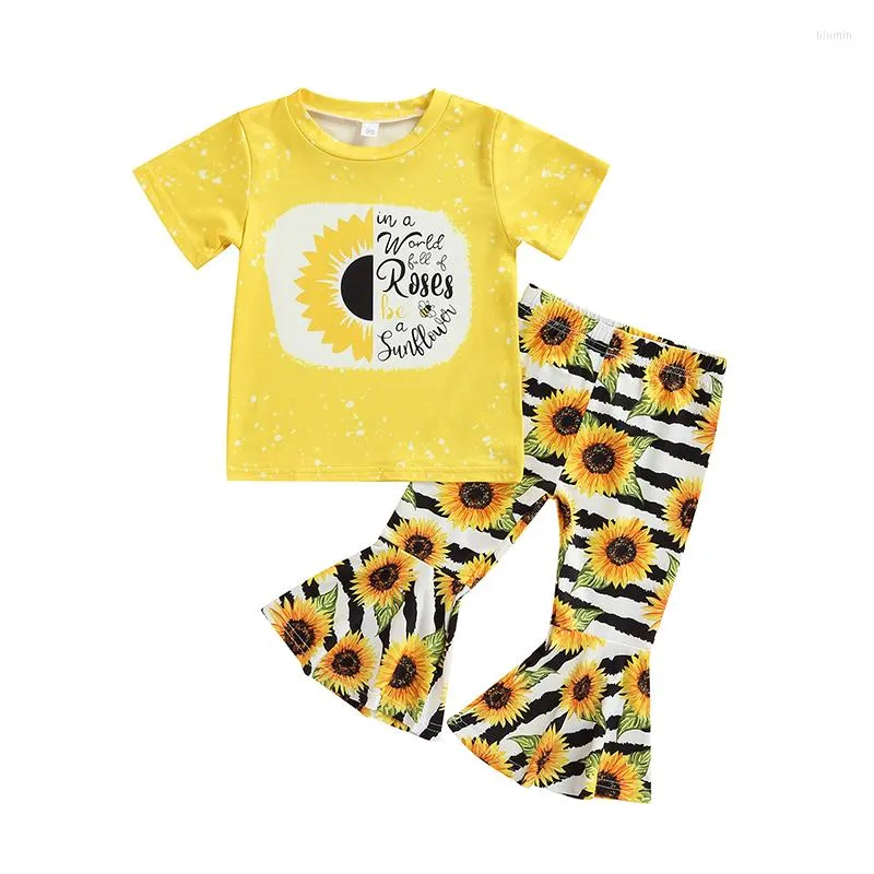 Clothing Sets 2Pcs Girls Outfits Sunflower Print O-Neck Short-Sleeves T-Shirt Bell-Bottoms Set For Kids 1-6 Years