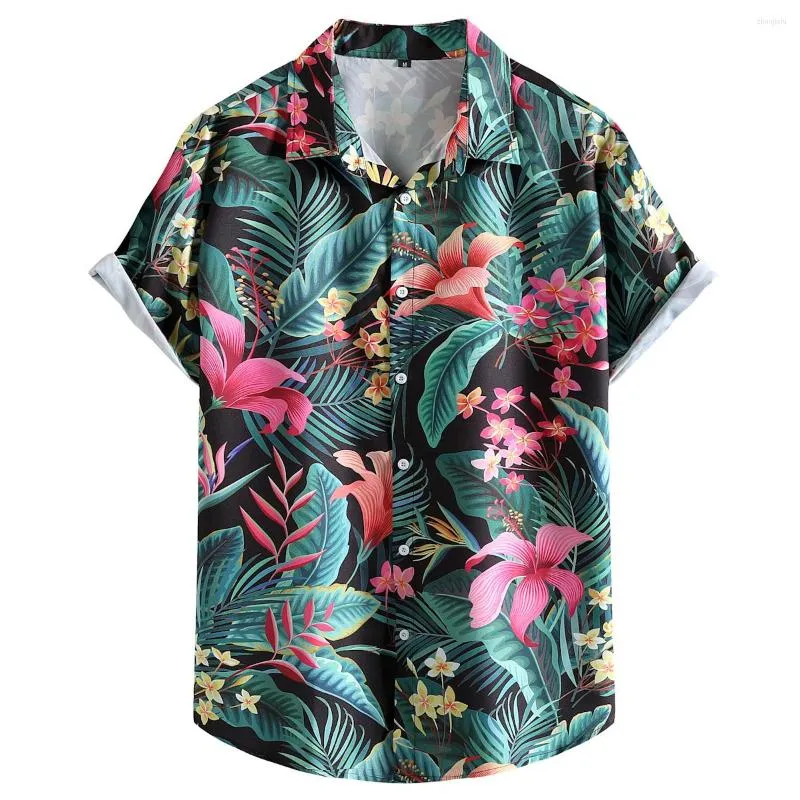 Männer Casual Hemden Schwarz Blumendruck Hawaiian Shirt Männer 2023 Marke Kurzarm Button Up Sommer Strand Urlaub Urlaub Kleidung