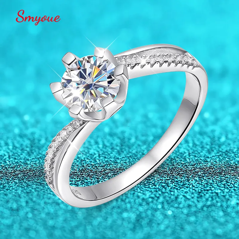 مع الحجارة الجانبية Smyoue 1.0 مقترح خاتم للنساء كلاسيكية ستة لاج مختبر نمت الماس Band S925 Sterling Silver 230214